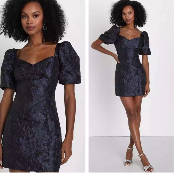 New Lulus Beyong Amazing Blue Floral Jacquard Puff Sleeve Dress Small - Picture 1 of 9
